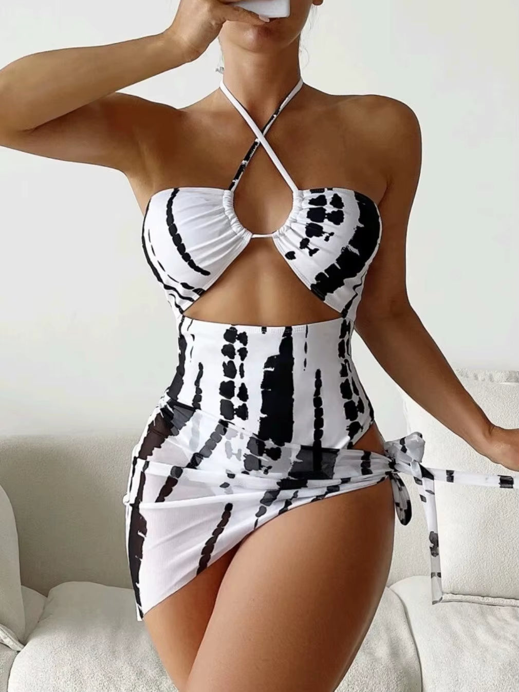 2024 Halter Swimsuit One Piece Women with Swimming Skirt Swimwear Female Beach Wear Printed Bathing Suit Summer Beachwear