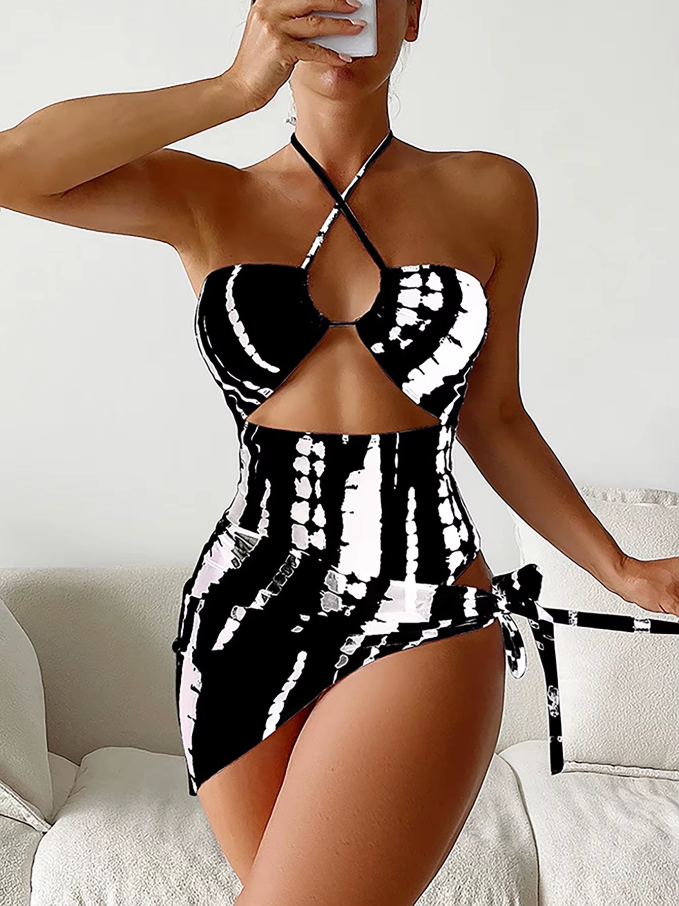 2024 Halter Swimsuit One Piece Women with Swimming Skirt Swimwear Female Beach Wear Printed Bathing Suit Summer Beachwear